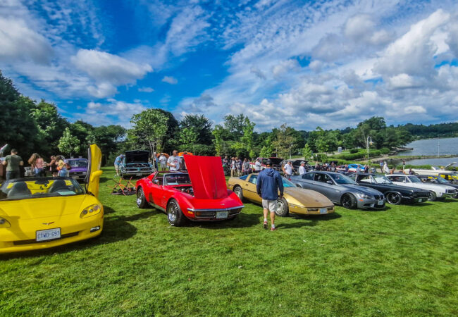 Andygibbphoto colour image of row of classic cars on grass field in sunshine under blue with cloud skies, taken at Cops and Rodders car show, Hamilton, Ontario